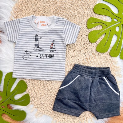 Conj. Camiseta Captain e Bermuda em Moletinho - Chumbo